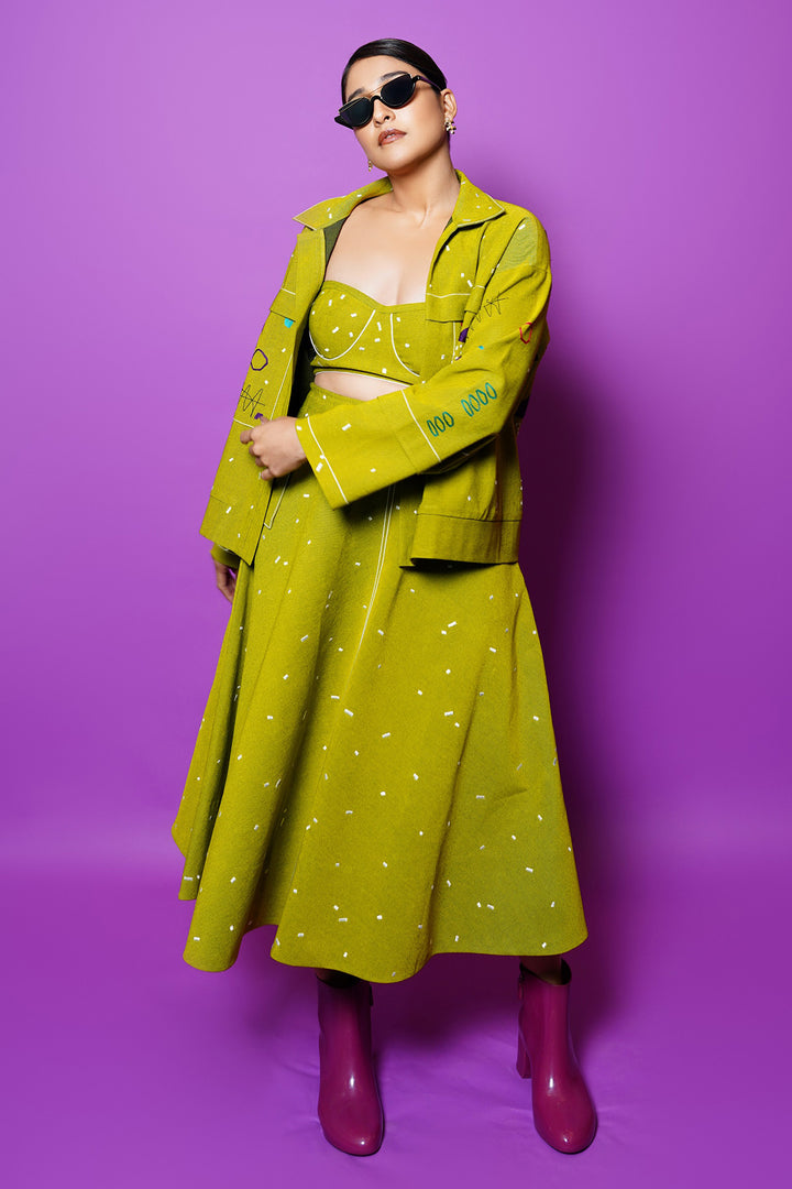Regina Cassandra In Abstract Shapes And Ostrich Jacket With Circular Skirt And Corset