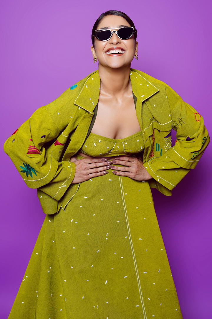 Regina Cassandra In Abstract Shapes And Ostrich Jacket With Circular Skirt And Corset