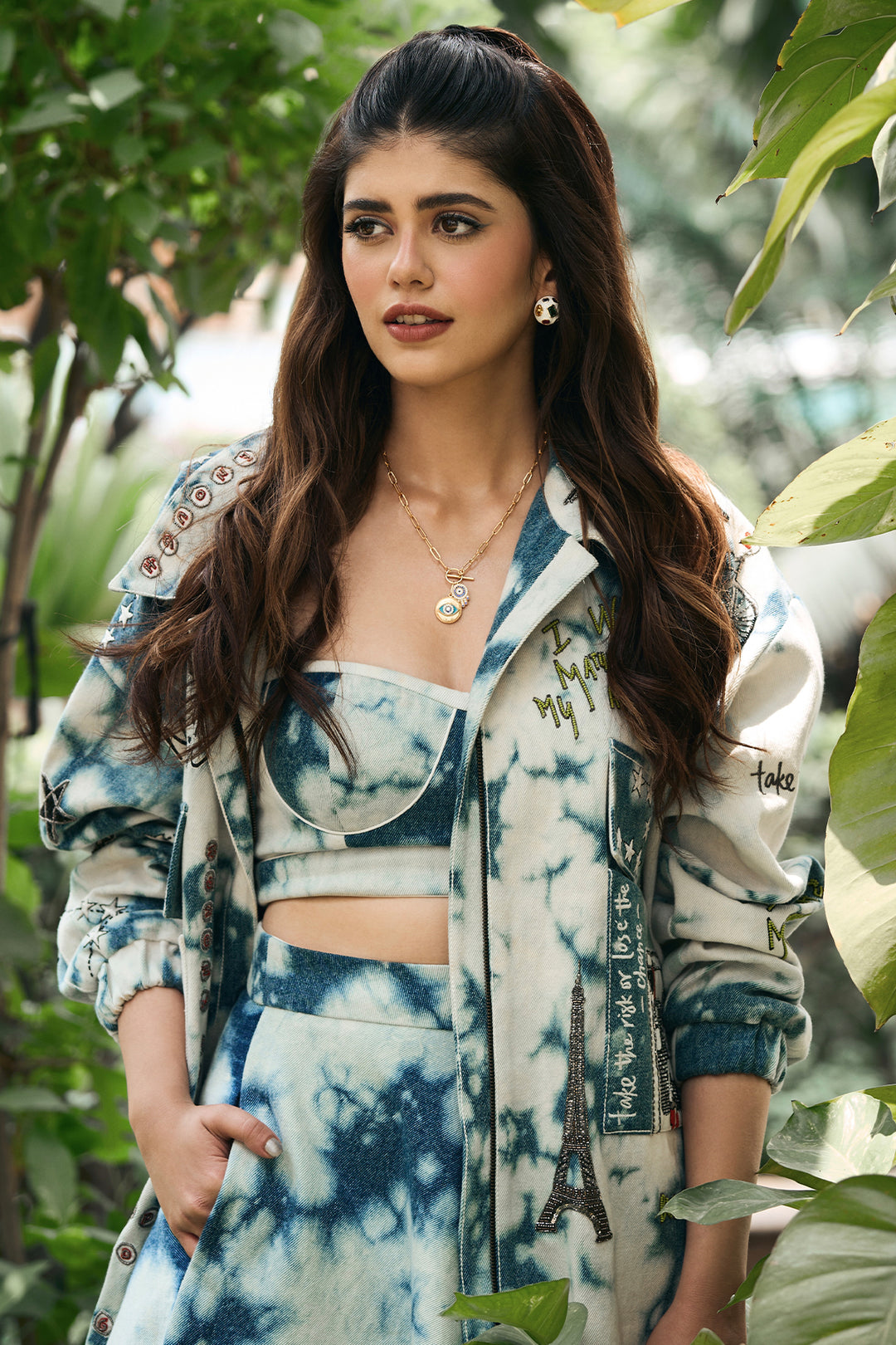 Sanjana Sanghi in Happiness in Rainbow Oversized Denim Jacket with Corset and Skirt