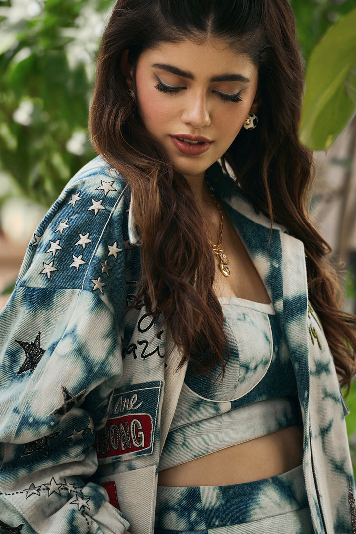Sanjana Sanghi in Happiness in Rainbow Oversized Denim Jacket with Corset and Skirt