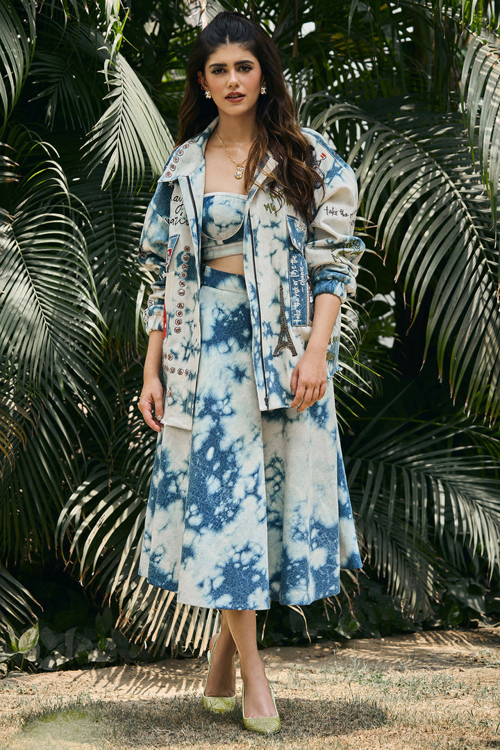 Sanjana Sanghi in Happiness in Rainbow Oversized Denim Jacket with Corset and Skirt