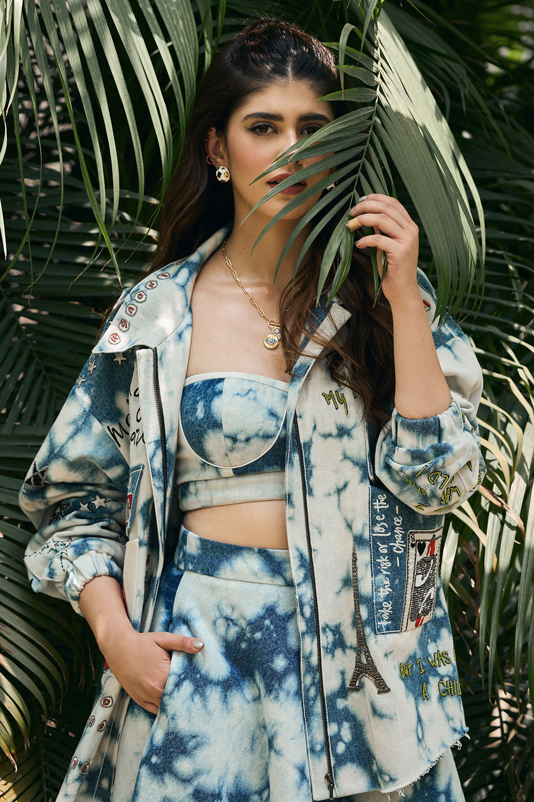 Sanjana Sanghi in Happiness in Rainbow Oversized Denim Jacket with Corset and Skirt