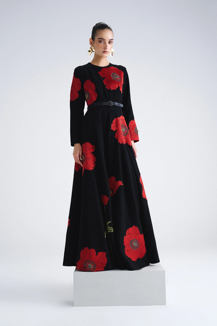 POPPY FLOWER ROUND NECK LONG DRESS