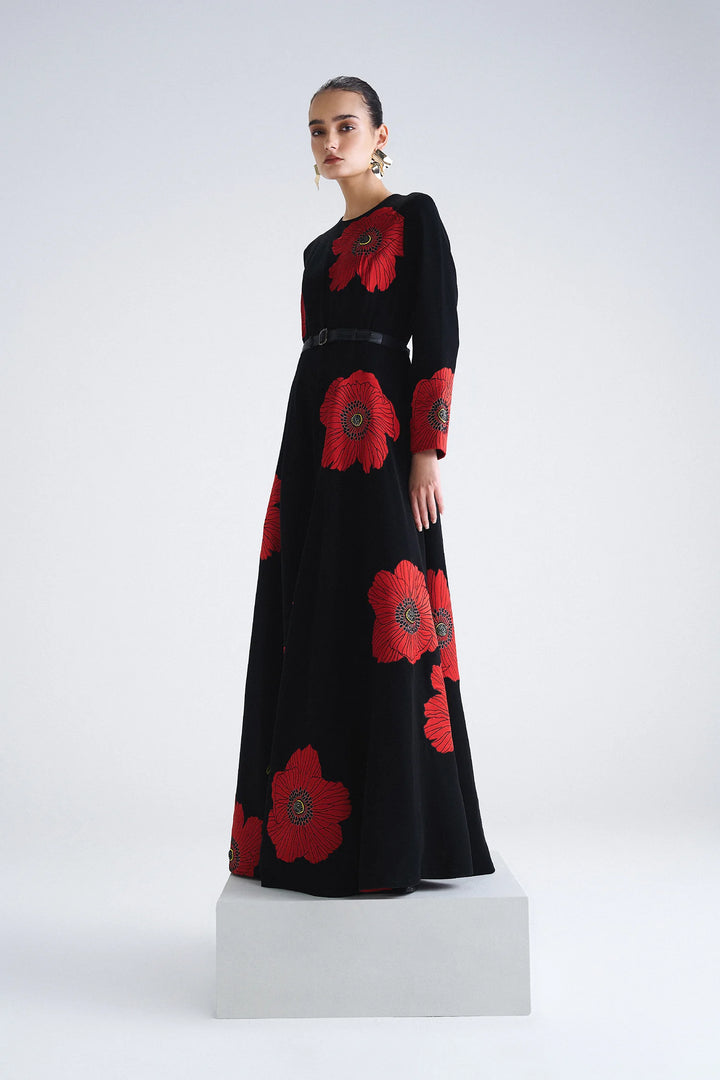 POPPY FLOWER ROUND NECK LONG DRESS