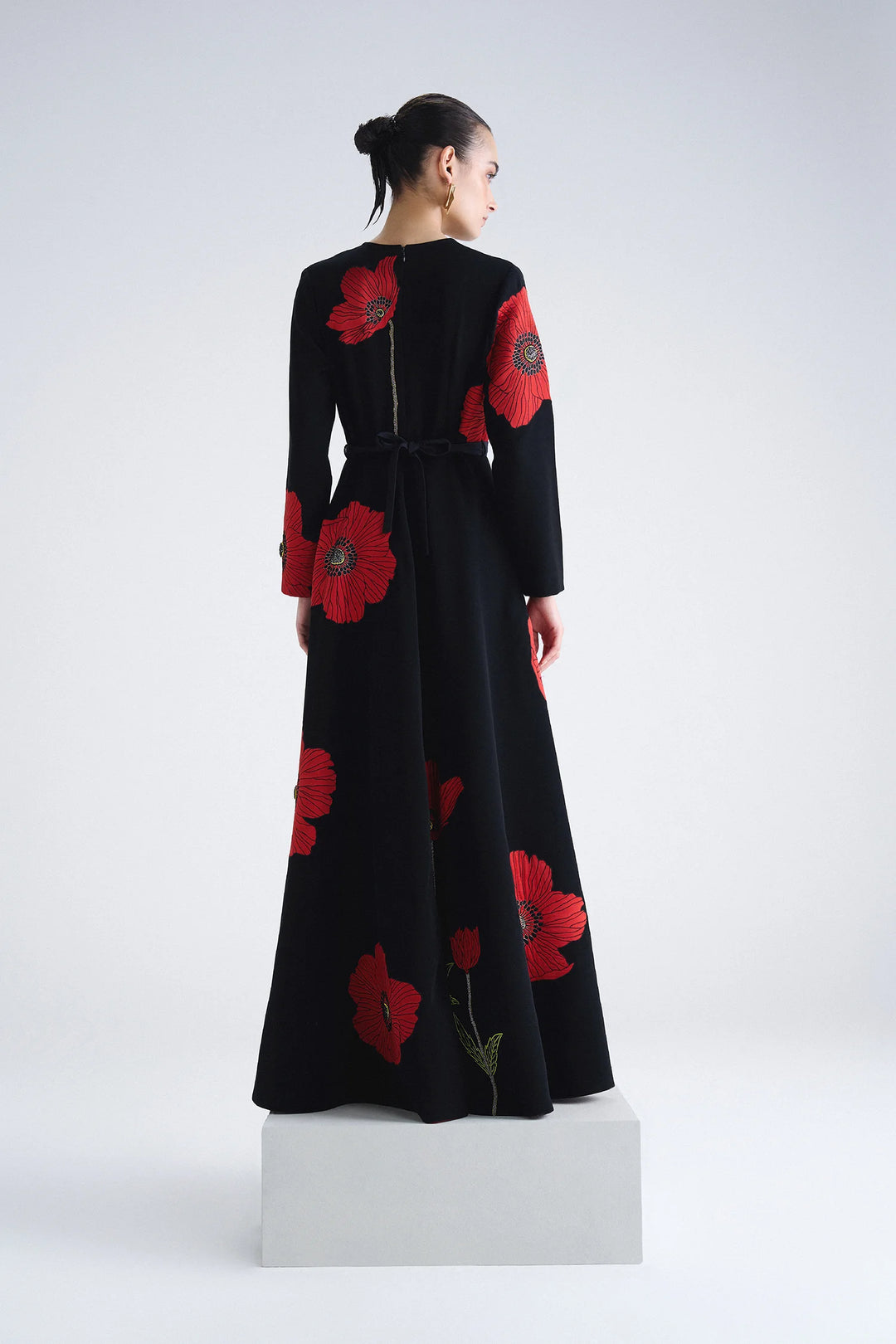 POPPY FLOWER ROUND NECK LONG DRESS