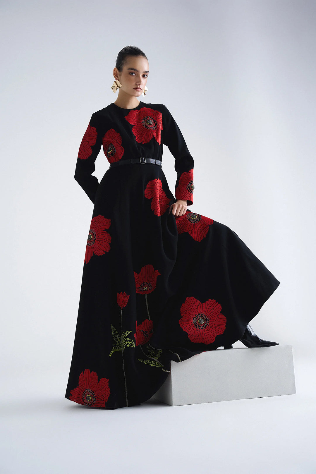 POPPY FLOWER ROUND NECK LONG DRESS