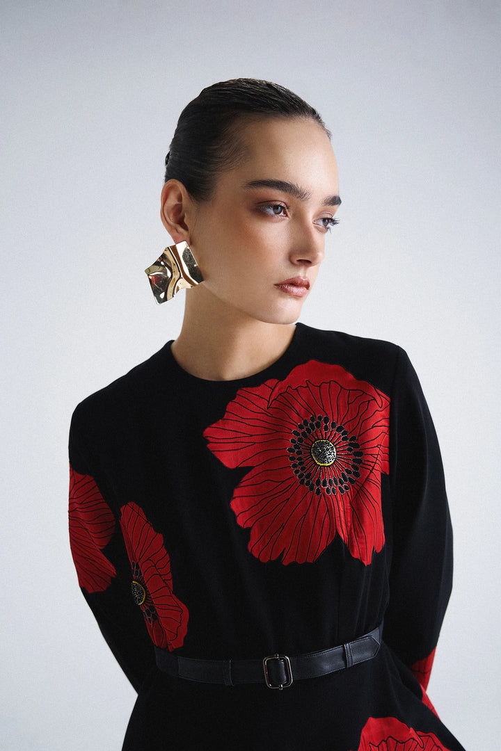 POPPY FLOWER ROUND NECK LONG DRESS