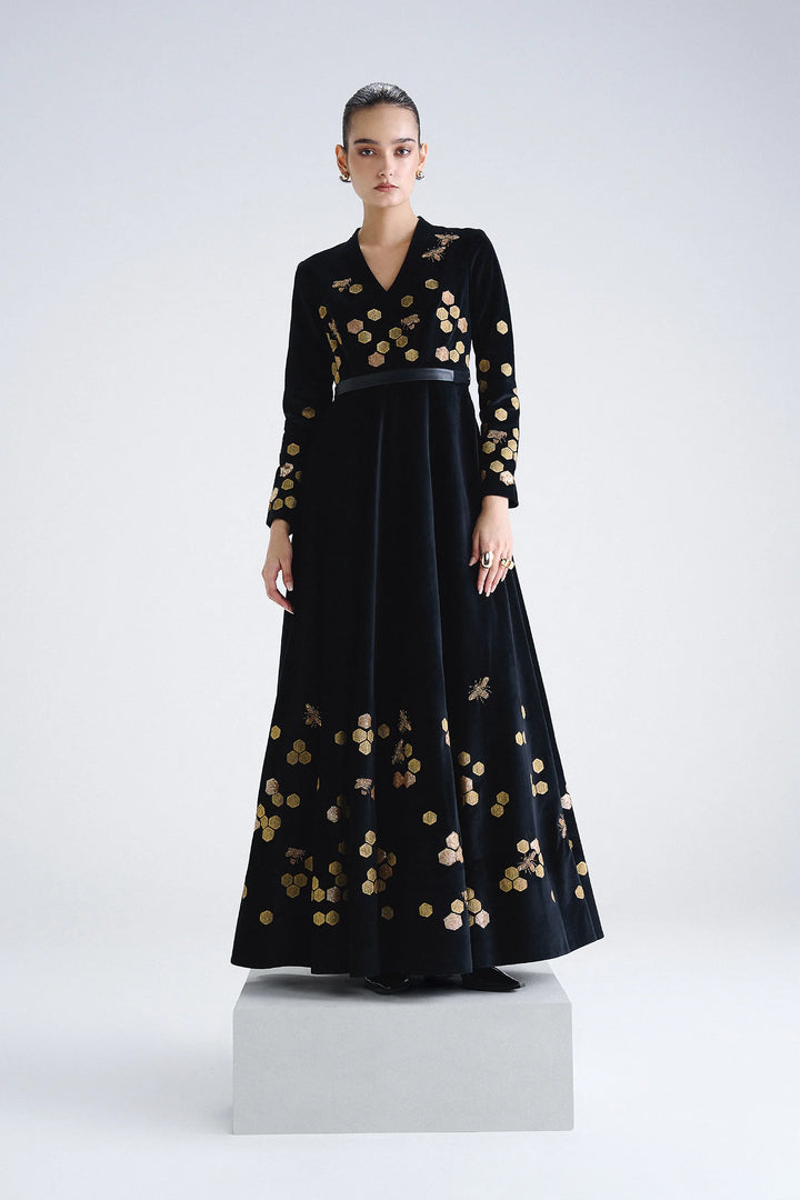 HONEYCOMB V NECK LONG DRESS