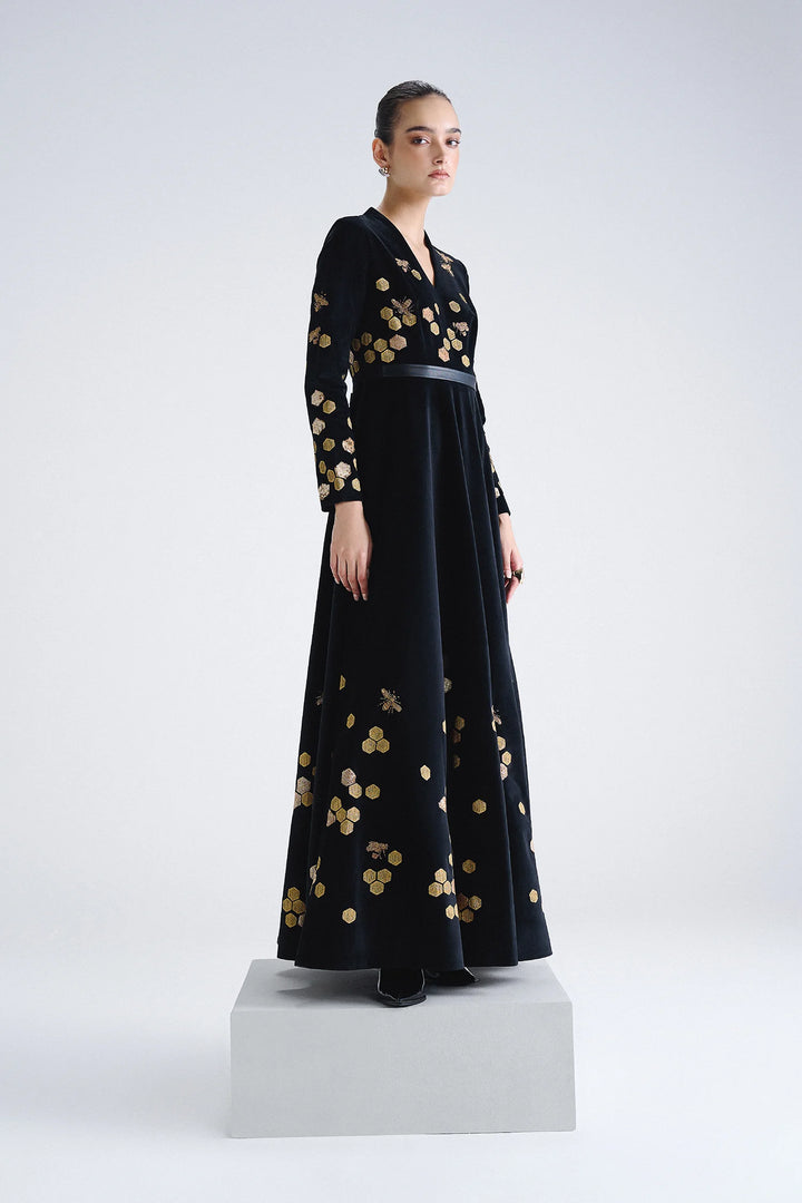 HONEYCOMB V NECK LONG DRESS