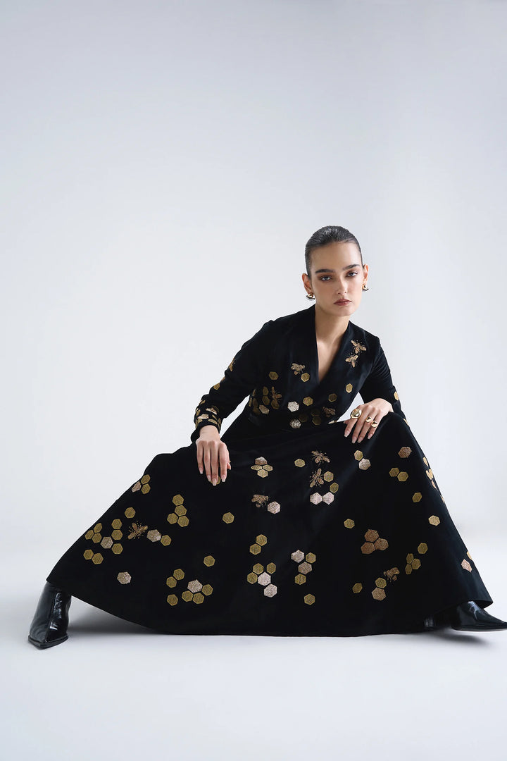 HONEYCOMB V NECK LONG DRESS