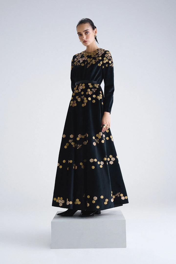 HONEYCOMB ROUND NECK LONG DRESS