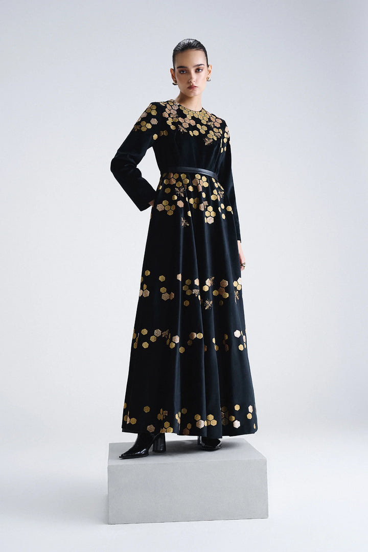 HONEYCOMB ROUND NECK LONG DRESS