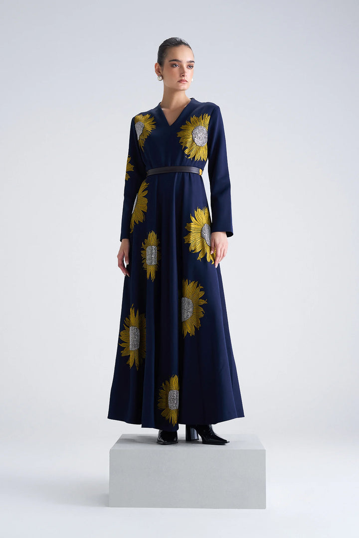 SUNFLOWER LONG CIRCULAR MIDI DRESS WITH BELT