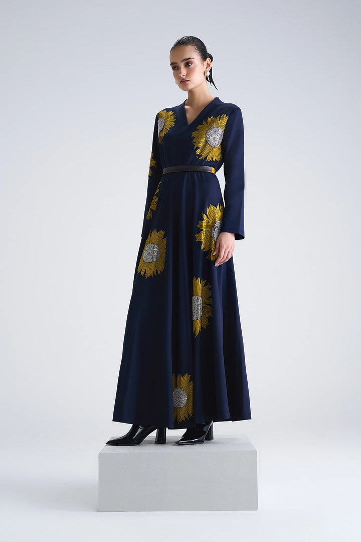 SUNFLOWER LONG CIRCULAR MIDI DRESS WITH BELT