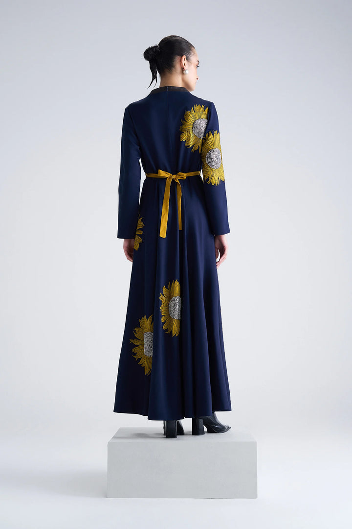 SUNFLOWER LONG CIRCULAR MIDI DRESS WITH BELT