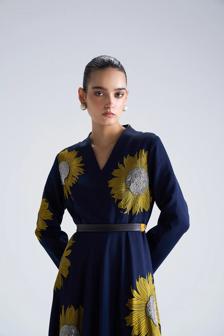 SUNFLOWER LONG CIRCULAR MIDI DRESS WITH BELT