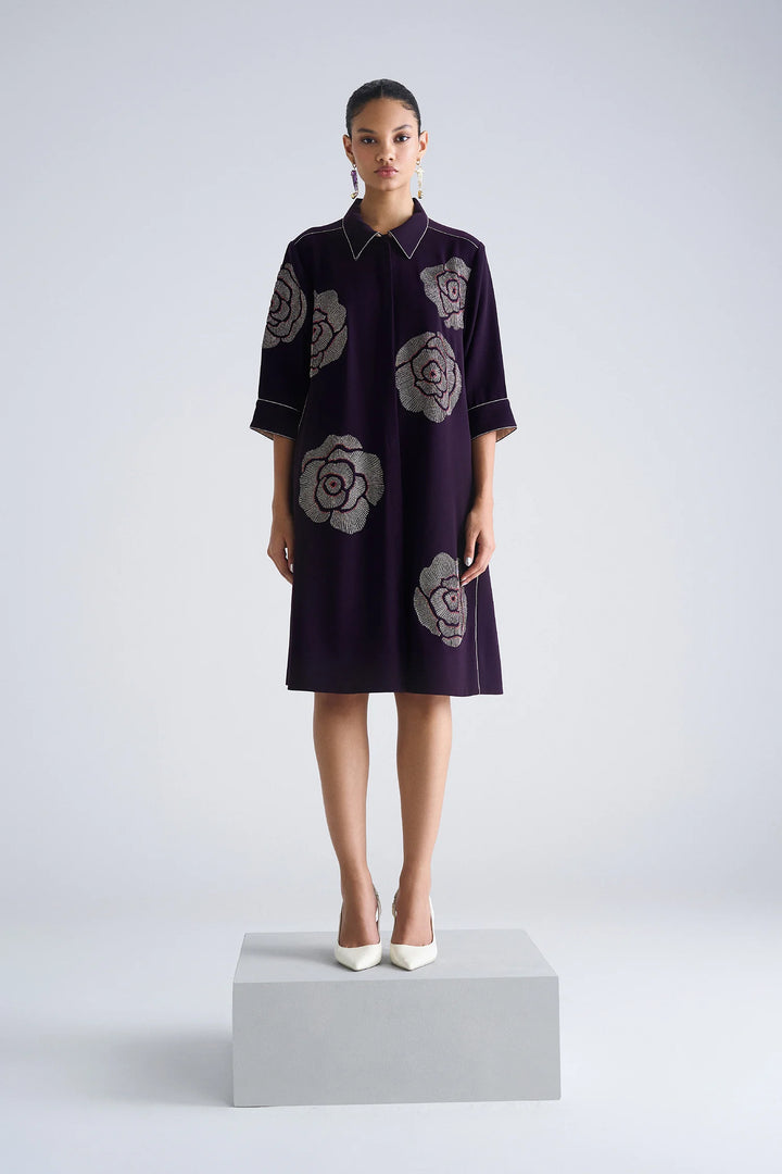 GEOMETRIC ROSES FRONT OPEN FLARED DRESS