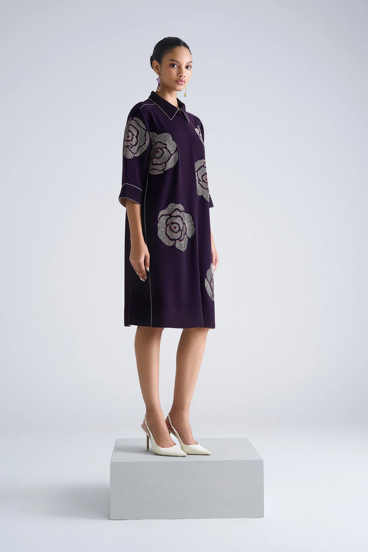 GEOMETRIC ROSES FRONT OPEN FLARED DRESS