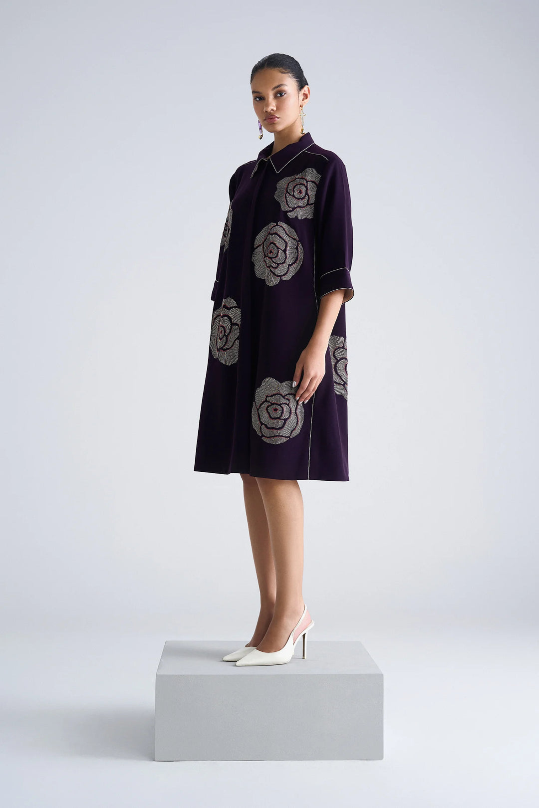 GEOMETRIC ROSES FRONT OPEN FLARED DRESS