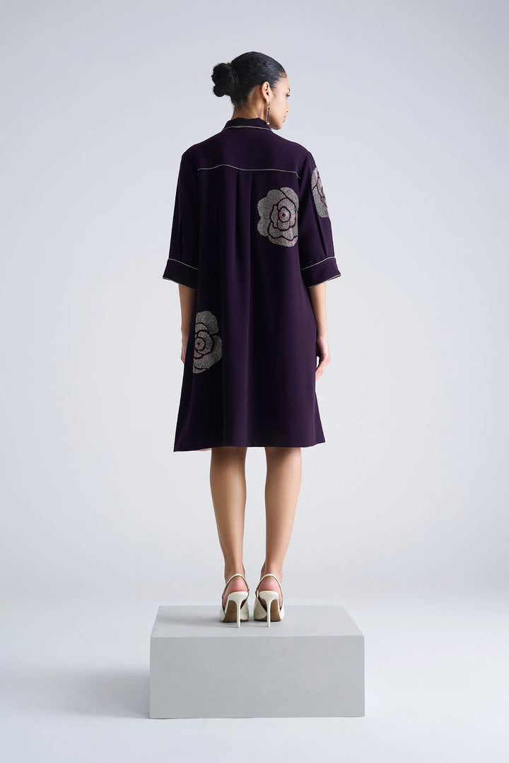 GEOMETRIC ROSES FRONT OPEN FLARED DRESS