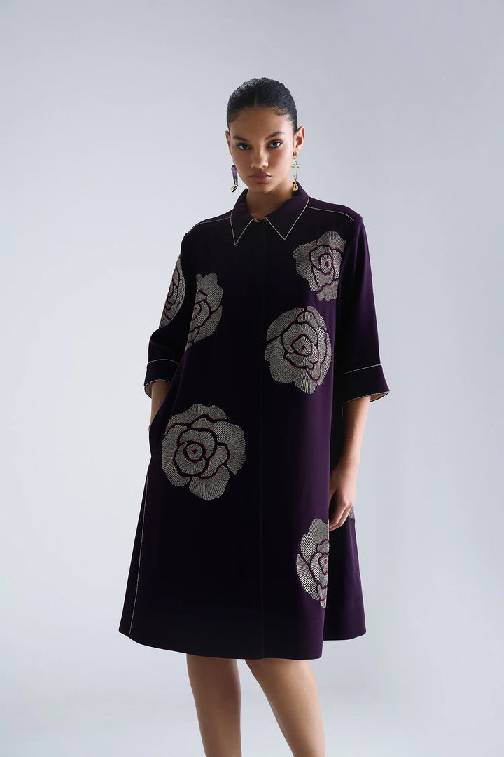 GEOMETRIC ROSES FRONT OPEN FLARED DRESS
