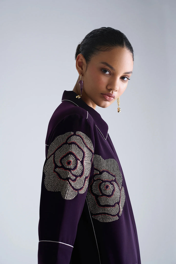 GEOMETRIC ROSES FRONT OPEN FLARED DRESS