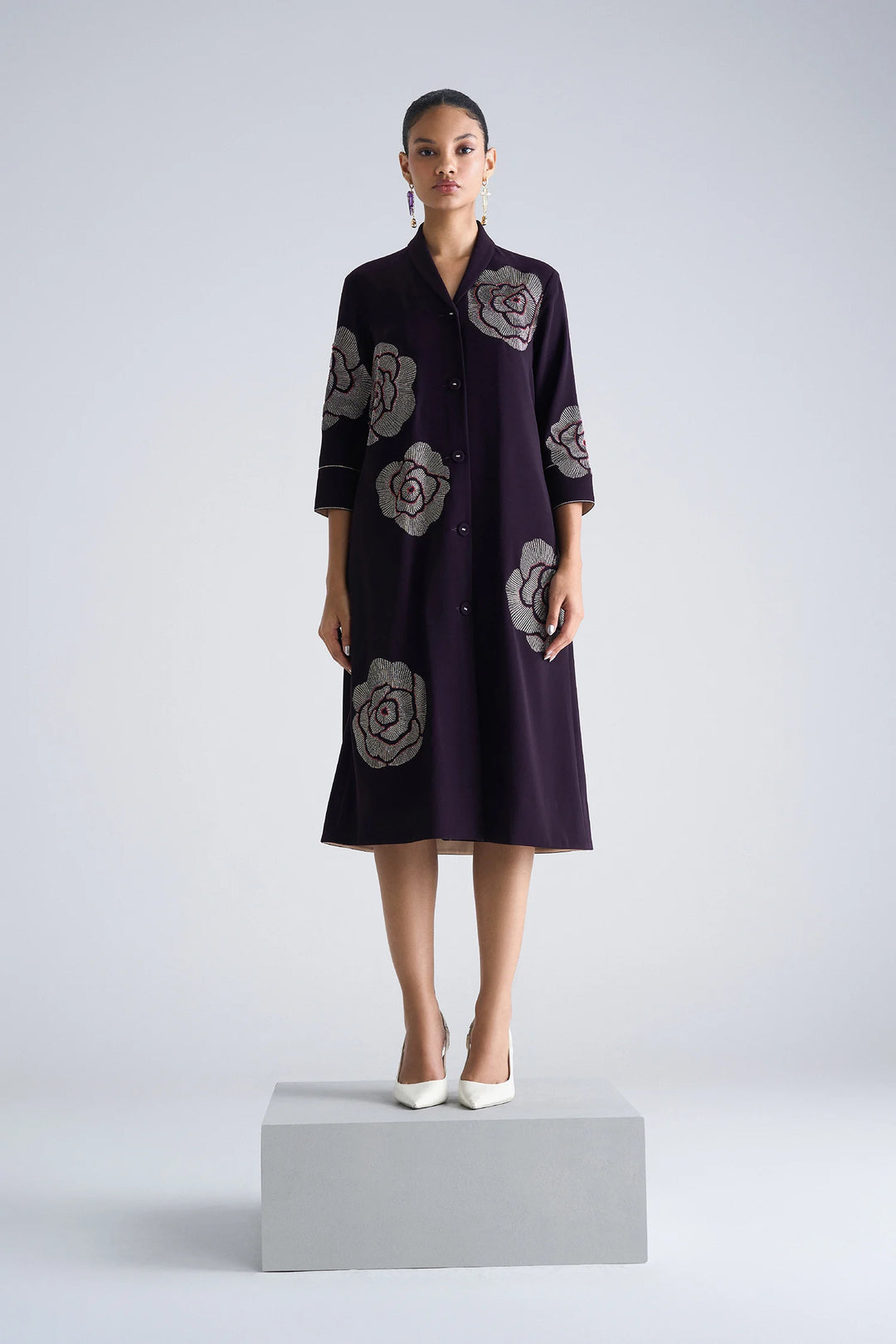 GEOMETRIC ROSES SHAWL COLLAR DRESS