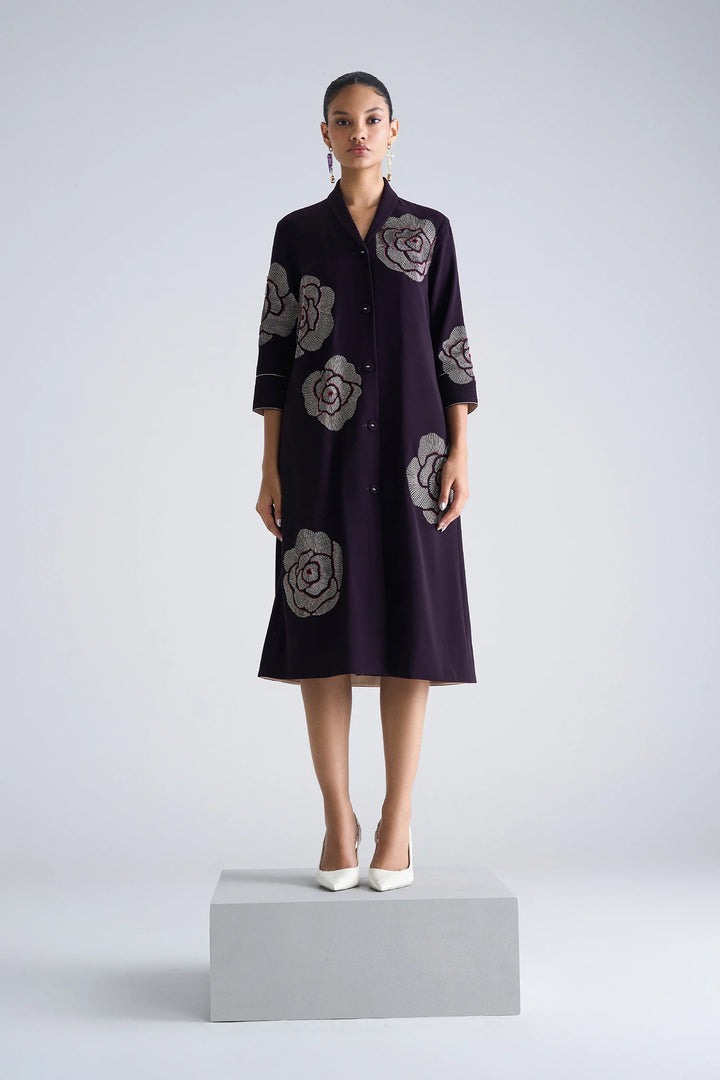 GEOMETRIC ROSES SHAWL COLLAR DRESS