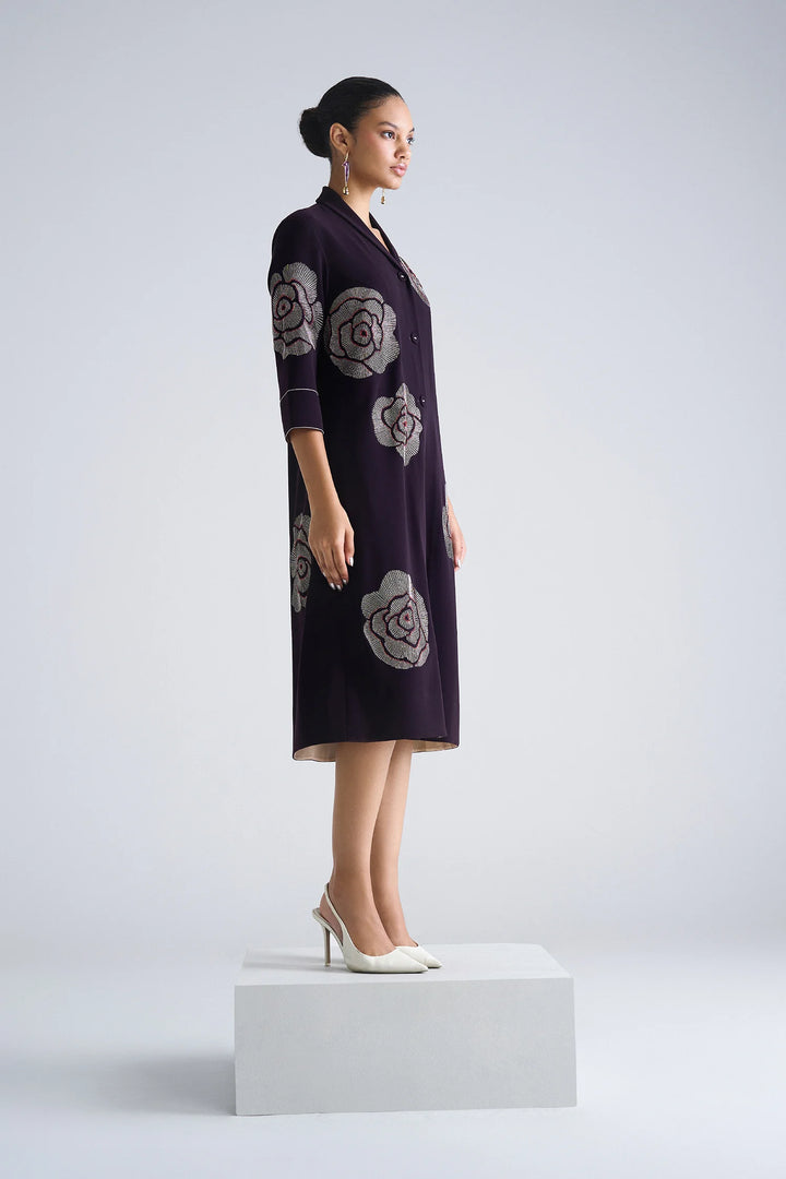 GEOMETRIC ROSES SHAWL COLLAR DRESS