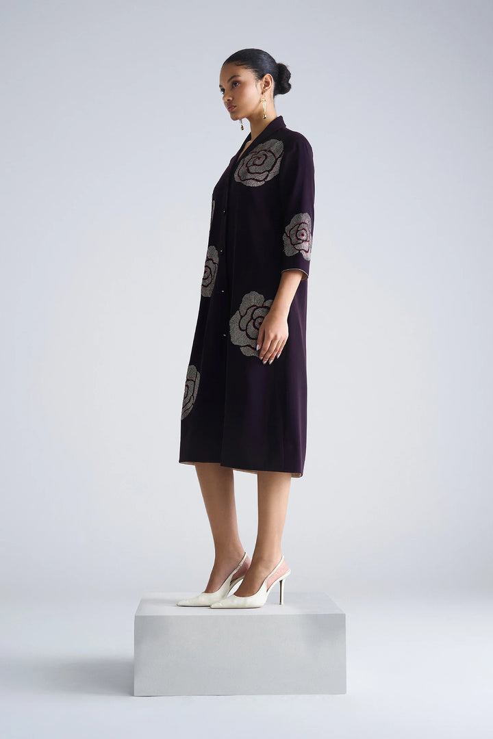 GEOMETRIC ROSES SHAWL COLLAR DRESS