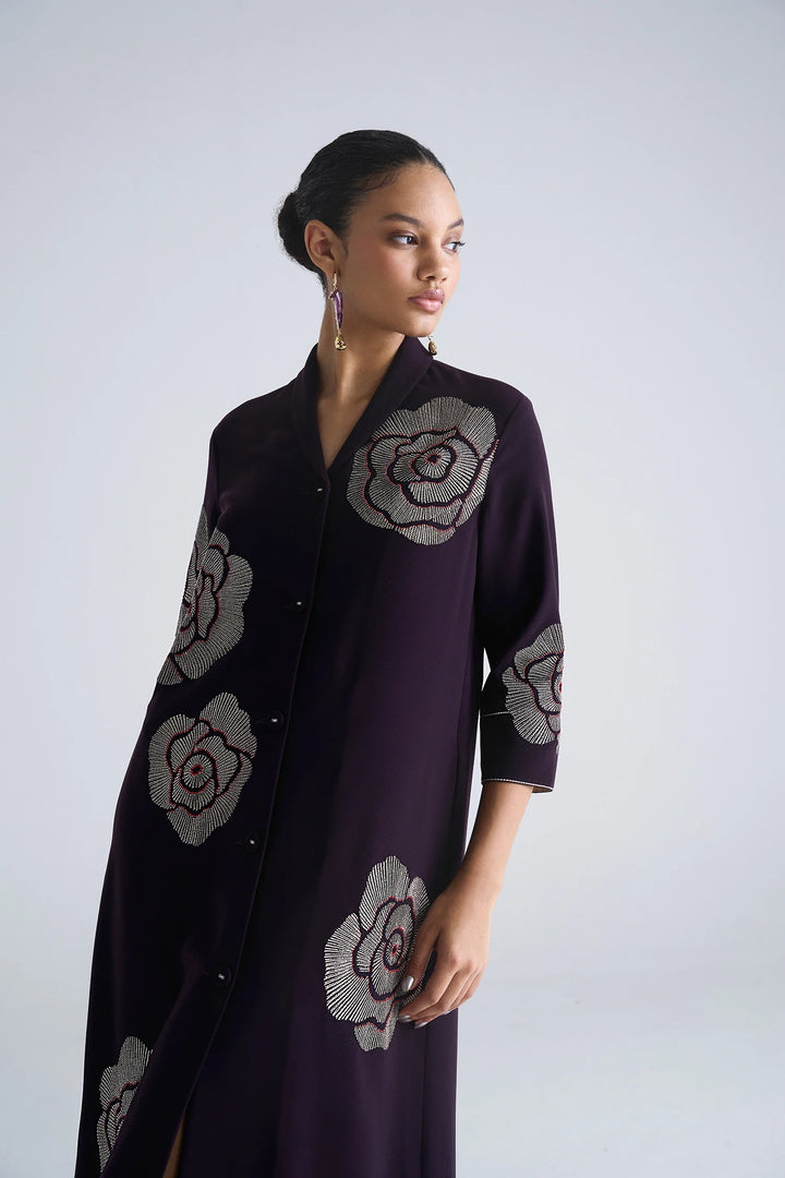 GEOMETRIC ROSES SHAWL COLLAR DRESS