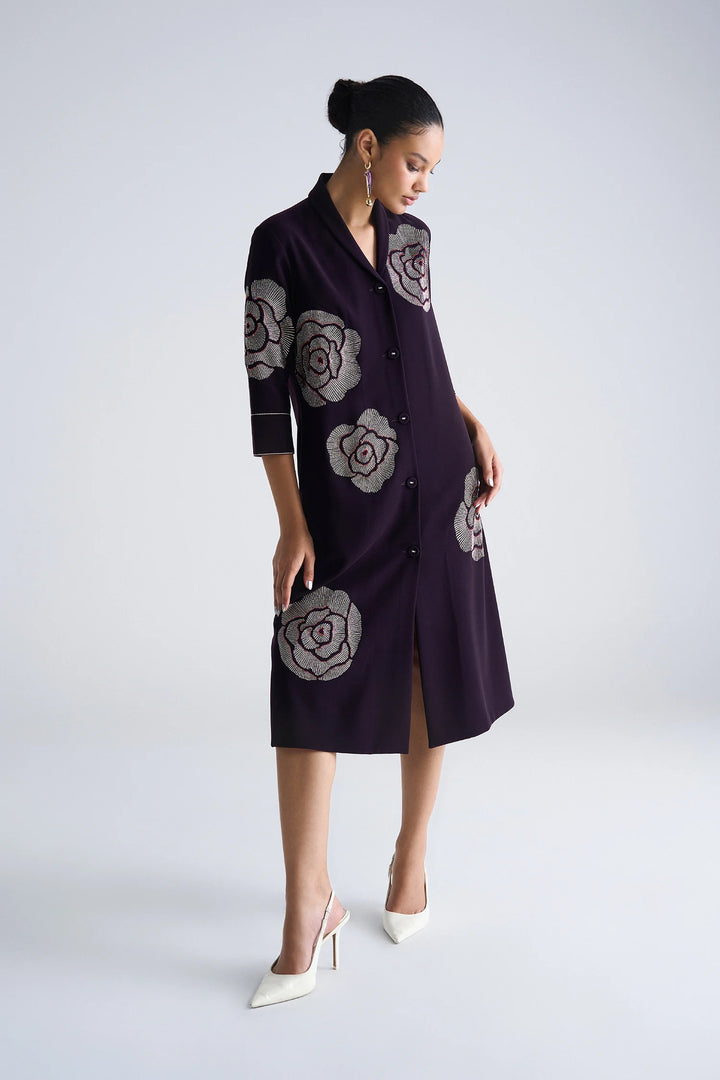 GEOMETRIC ROSES SHAWL COLLAR DRESS