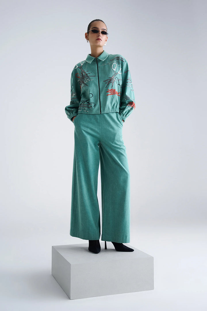 FLARED PANTS OF ( SCISSORS PANELLED SHORT JACKET )