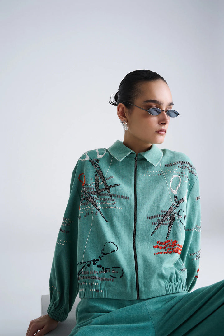 SCISSORS PANELLED SHORT JACKET WITH FLARED PANTS