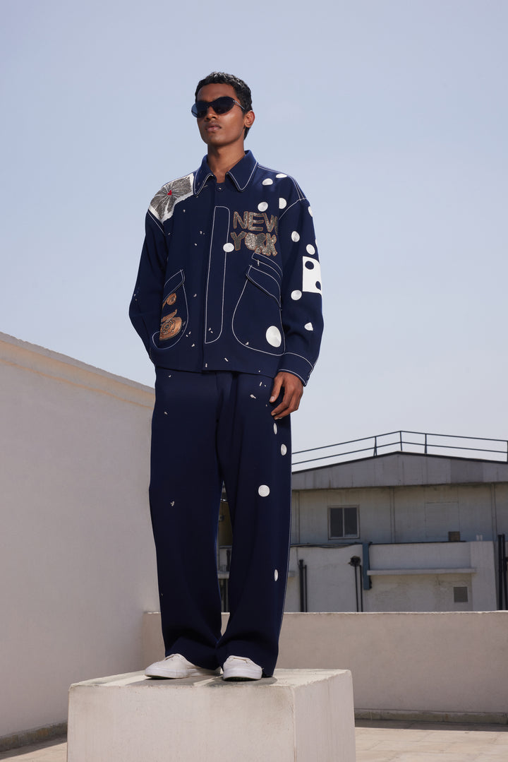 TELEPHONE AND TEXT JACKET WITH BAGGY PANTS