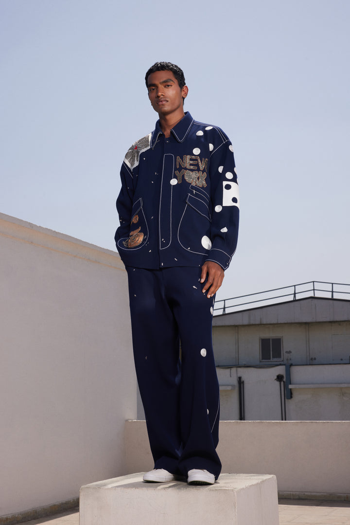TELEPHONE AND TEXT JACKET WITH BAGGY PANTS