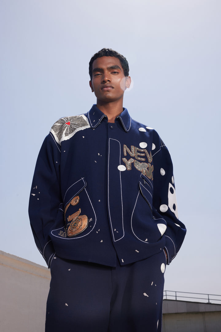 TELEPHONE AND TEXT JACKET WITH BAGGY PANTS