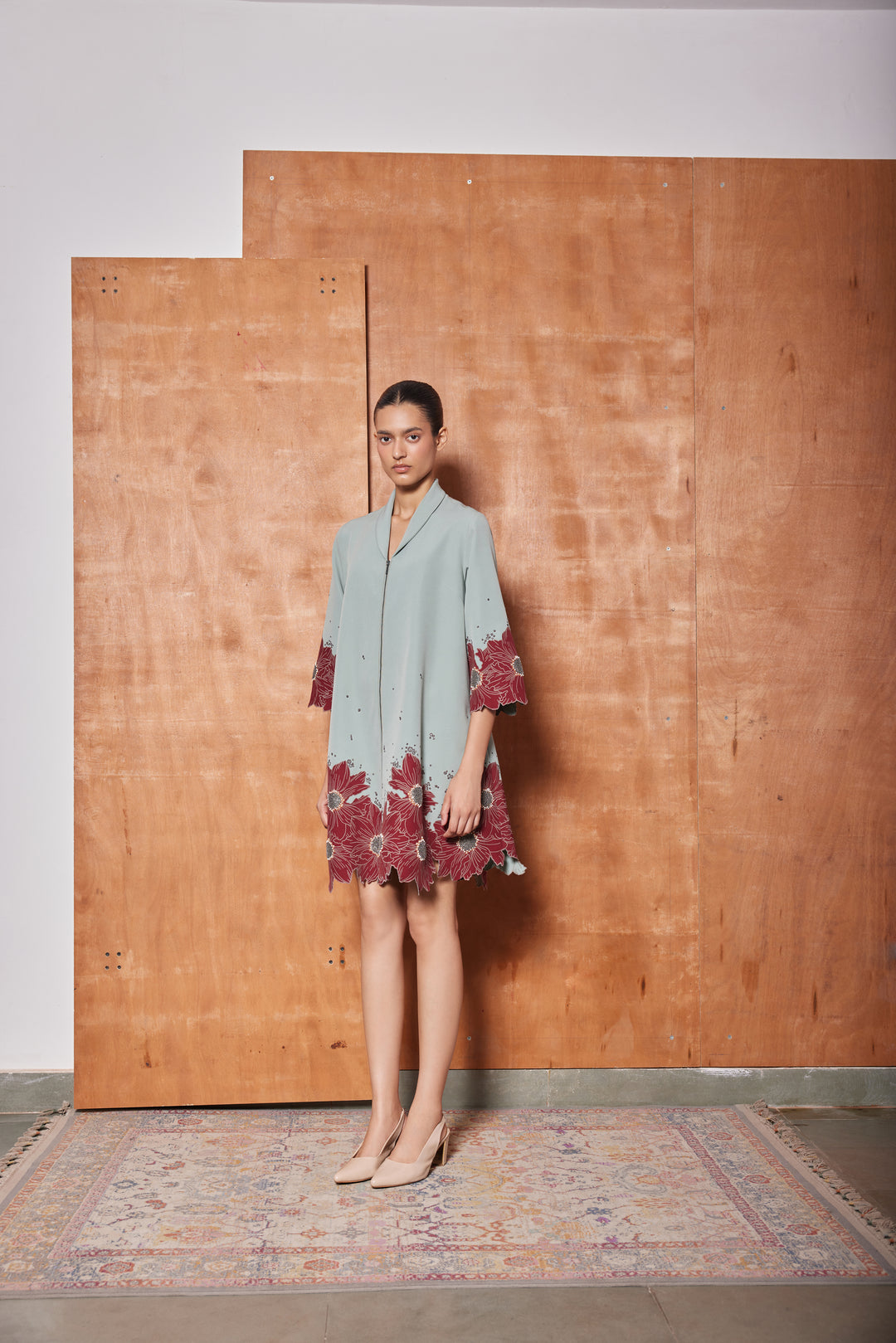 FLORAL BORDER SHAWL COLLAR FLARED DRESS