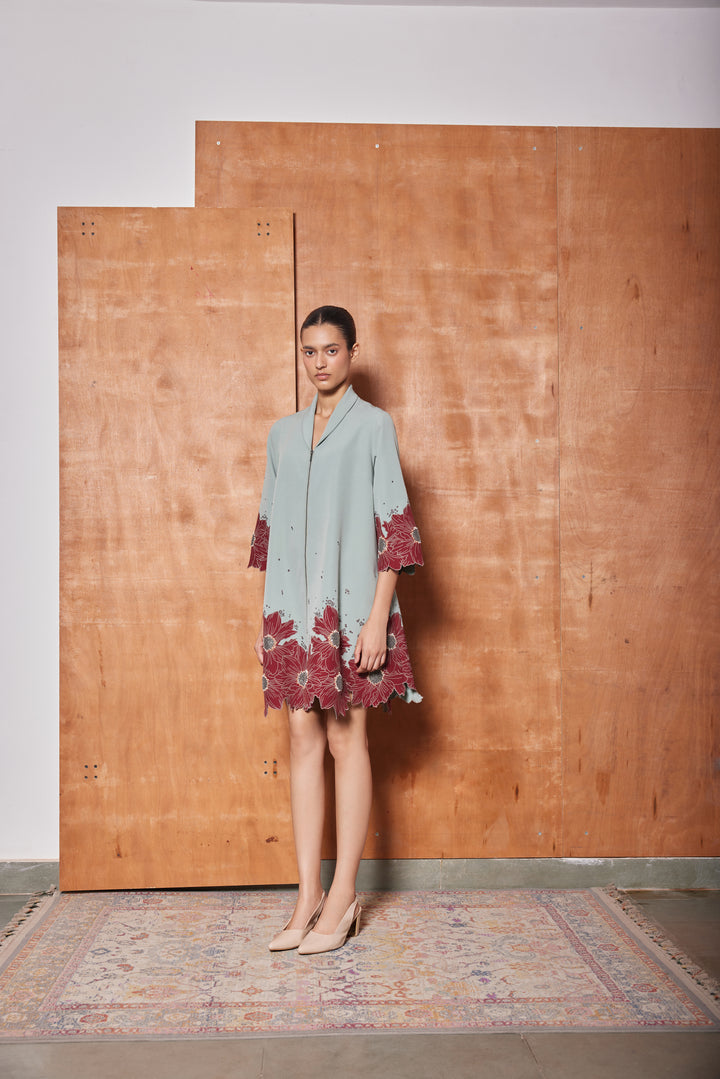FLORAL BORDER SHAWL COLLAR FLARED DRESS
