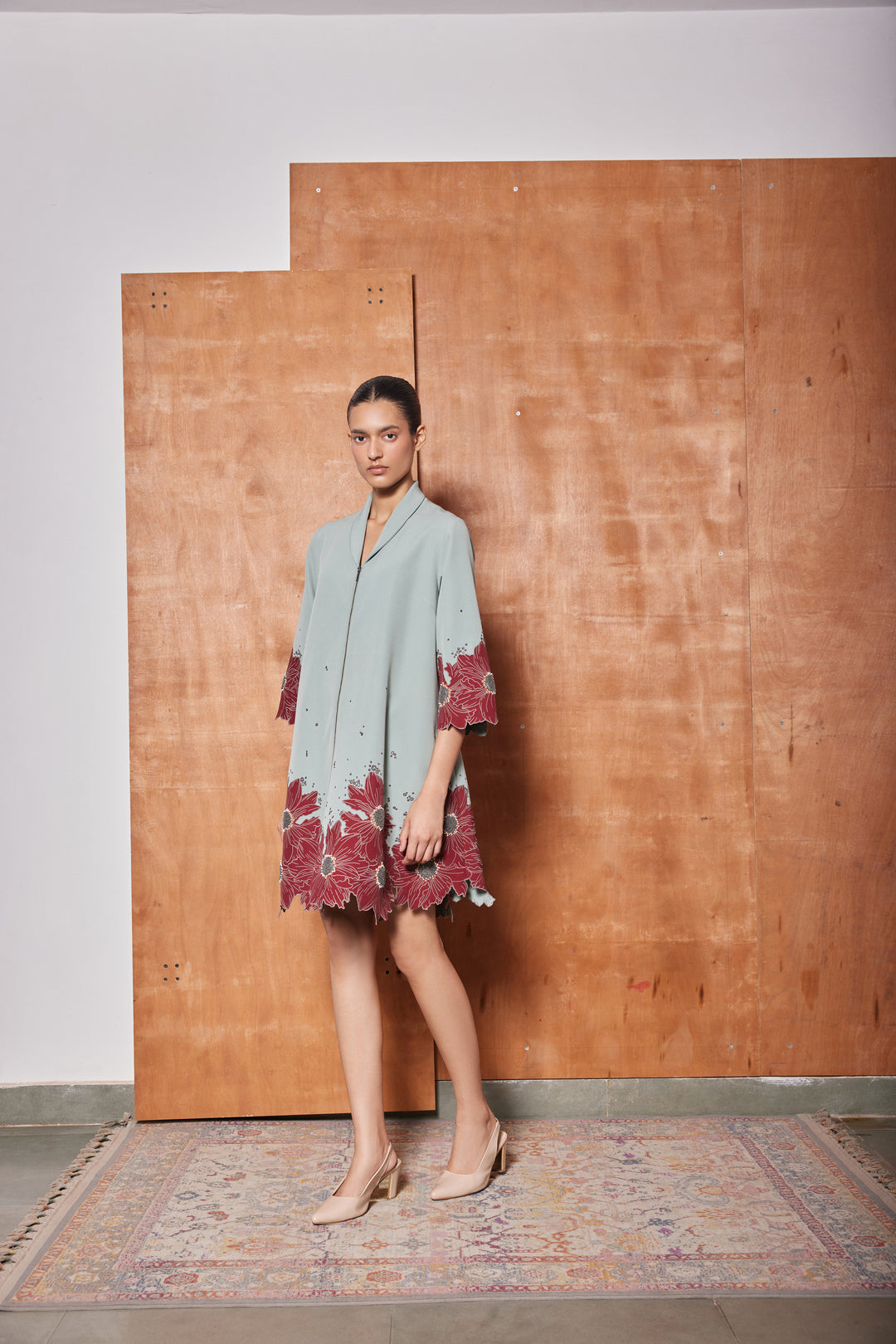 FLORAL BORDER SHAWL COLLAR FLARED DRESS