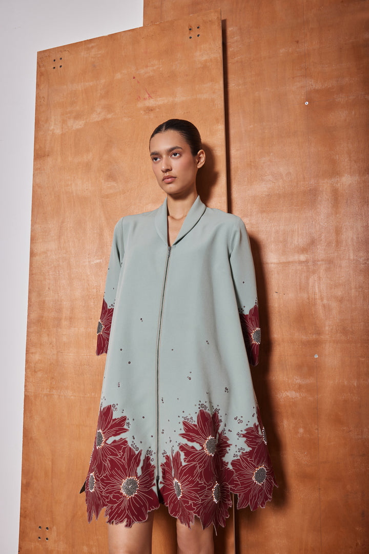 FLORAL BORDER SHAWL COLLAR FLARED DRESS