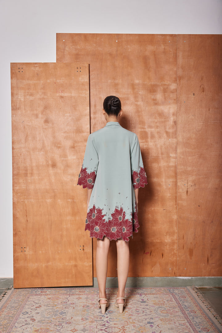 FLORAL BORDER SHAWL COLLAR FLARED DRESS