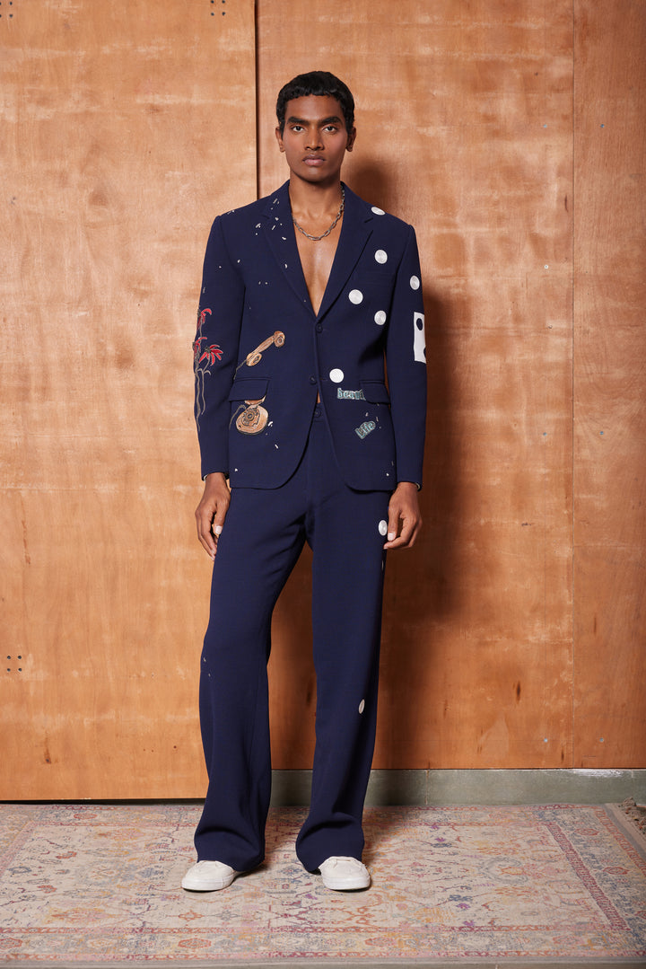 HEART, TELEPHONE AND TEXT BLAZER WITH STRAIGHT PANTS