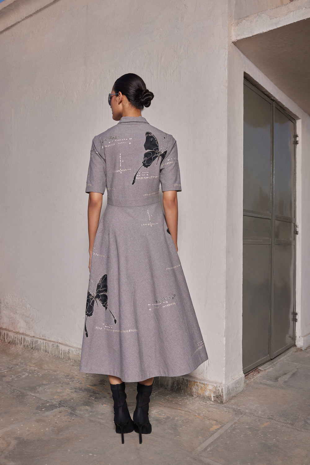 FADING BUTTERFLIES SHAWL COLLAR DRESS