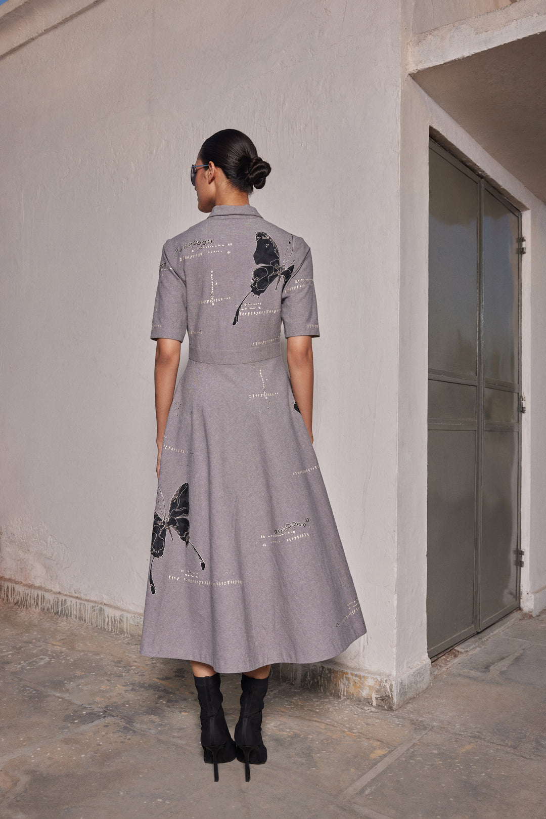 FADING BUTTERFLIES SHAWL COLLAR DRESS