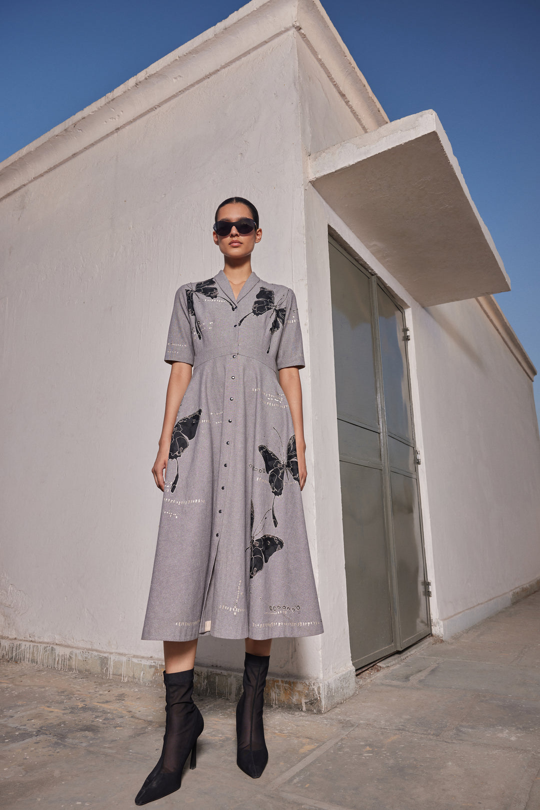FADING BUTTERFLIES SHAWL COLLAR DRESS