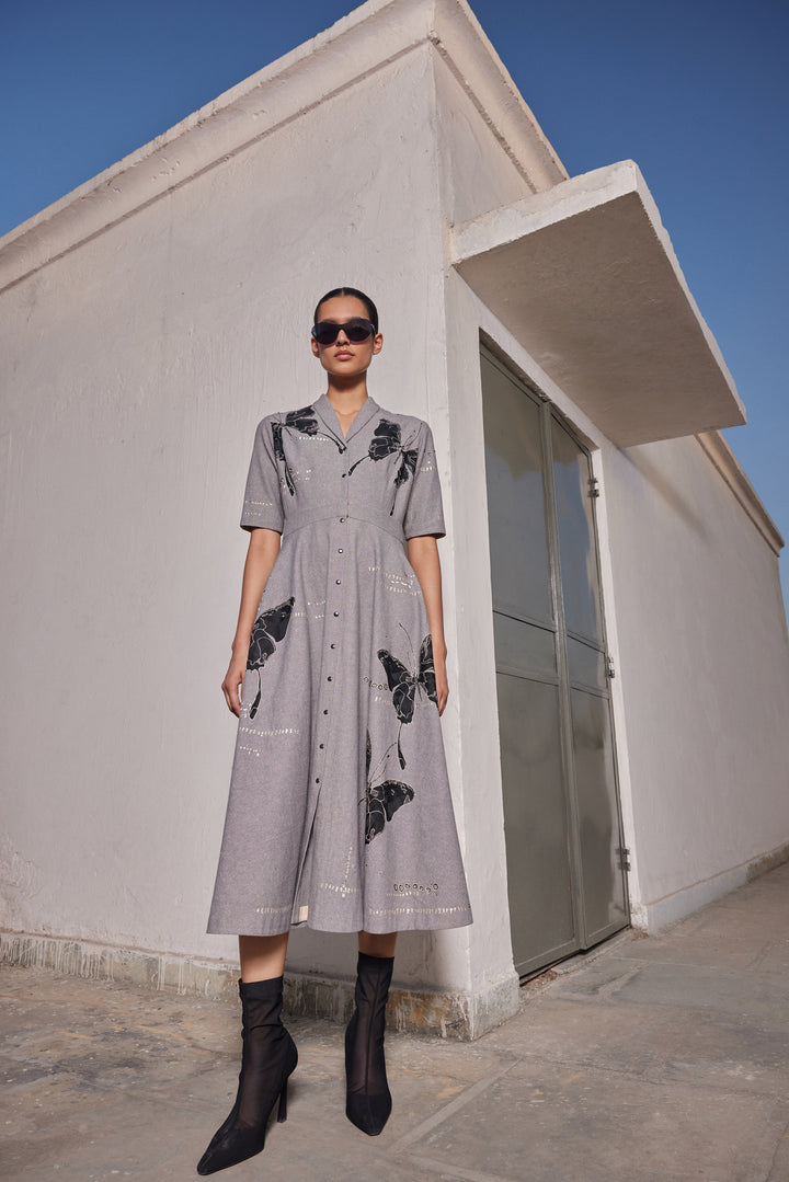 FADING BUTTERFLIES SHAWL COLLAR DRESS