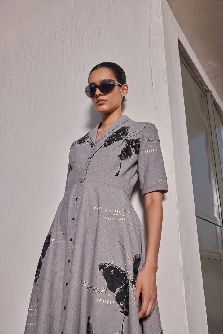 FADING BUTTERFLIES SHAWL COLLAR DRESS
