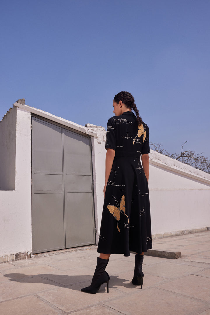 FADING BUTTERFLIES SHAWL COLLAR DRESS