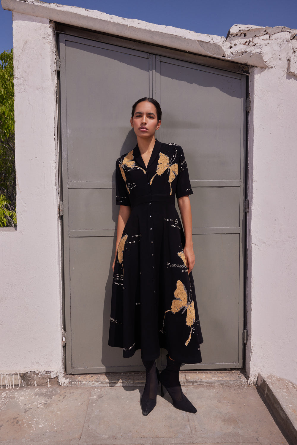 FADING BUTTERFLIES SHAWL COLLAR DRESS